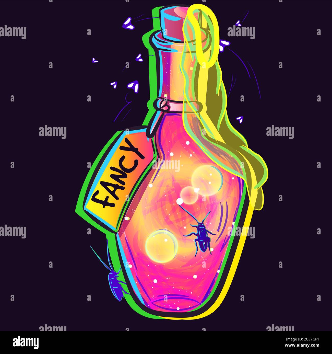 Vector art of a glowing neon bottle with cockroaches, flies and an used condom. Unpleasant and gross pink fancy bottle. Stock Vector