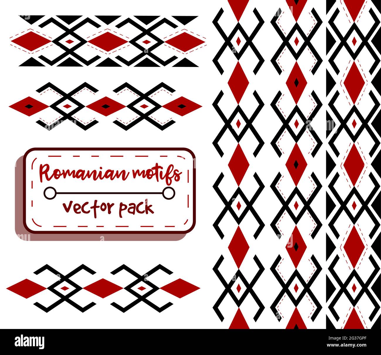 Romanian red and black traditional motifs. Embroidery and needlework conceptual art of moldavian and eastern european fashion. Seamless pattern with e Stock Vector