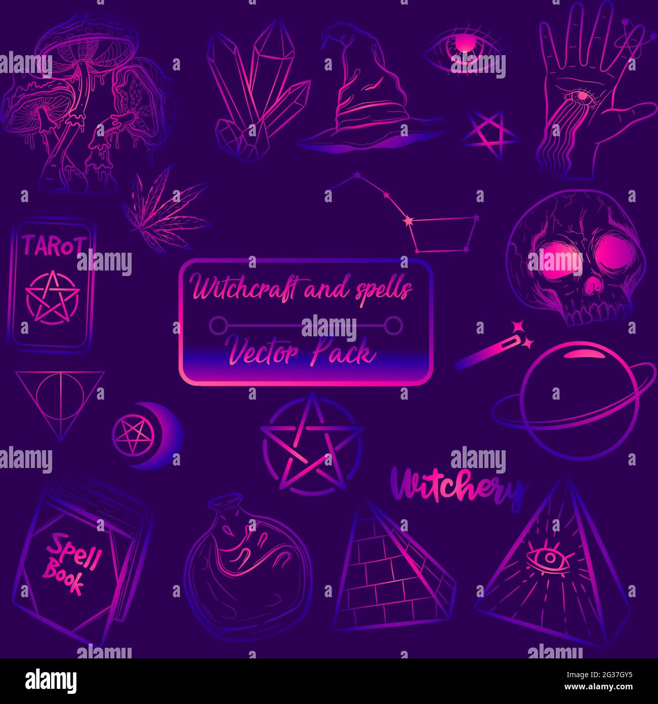 Occult spell collection with witchcraft and Halloween objects. Purple esoteric and wiccan symbols and sketches about black magic.Fortune telling and a Stock Vector