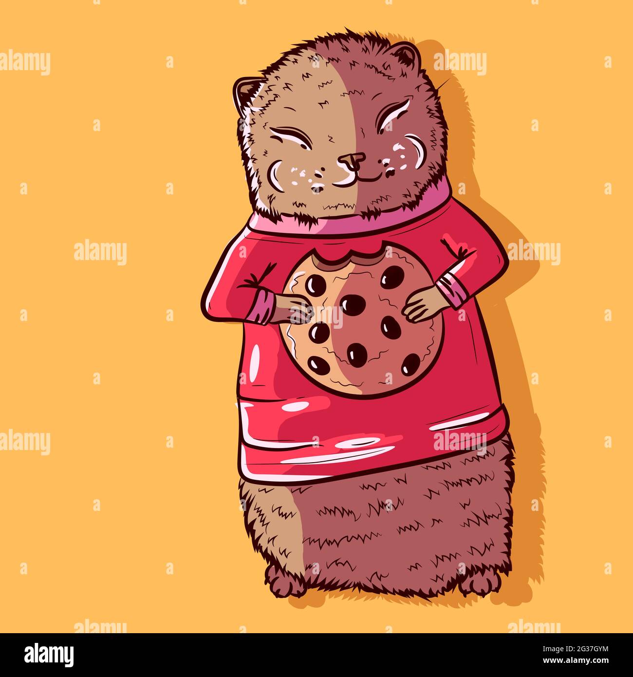 Vector of a cute brown ferret munching on a chocolate chip cookie. Adorable cartoon weasel wearing a red turtleneck sweater and eating a biscuit. Smal Stock Vector