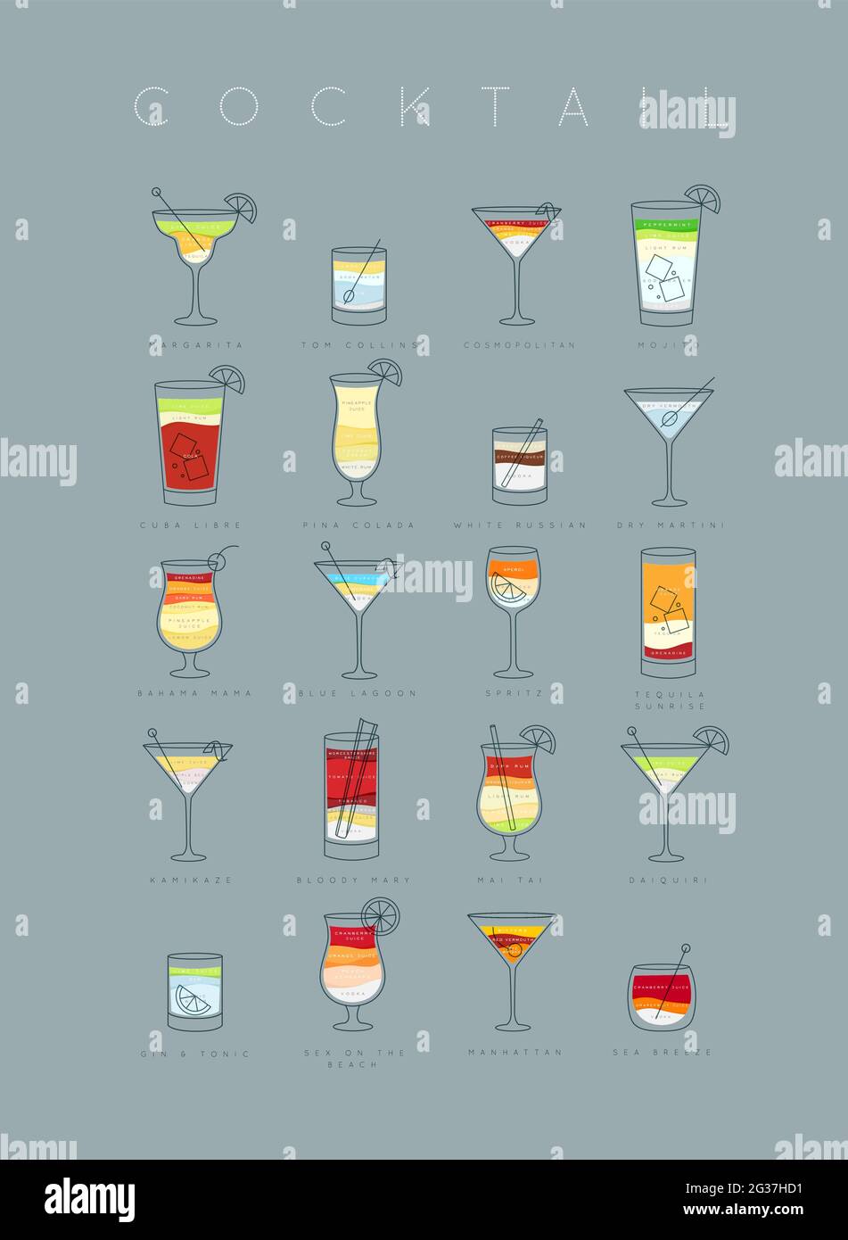 Poster flat cocktails menu with glass, recipes and names of cocktails drinks drawing on grayish blue background Stock Vector