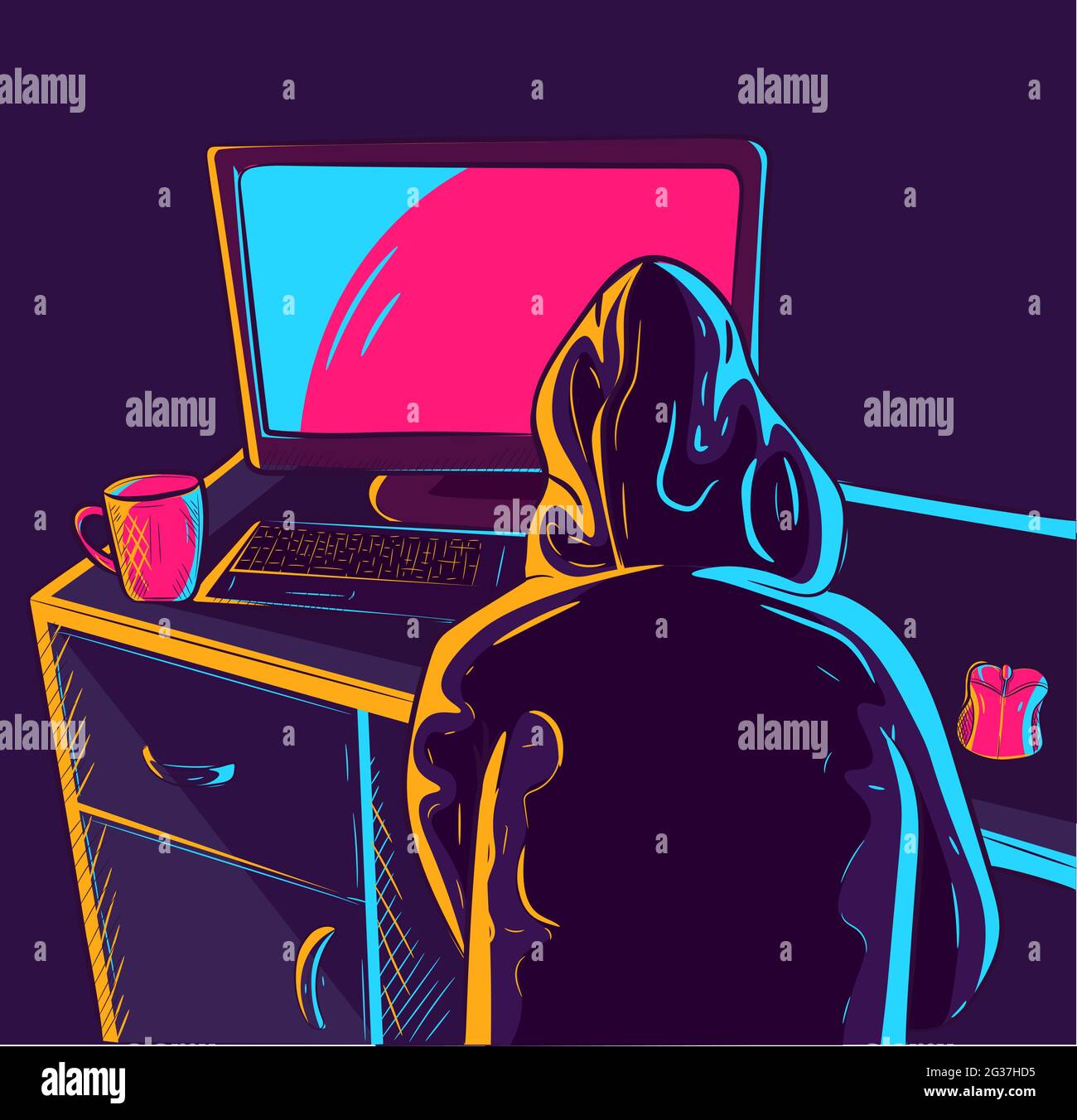 Neon vector art of a man wearing a hoodie and looking at a PC screen. Gamer or worker seen from behind being bored at home and browsing the internet. Stock Vector