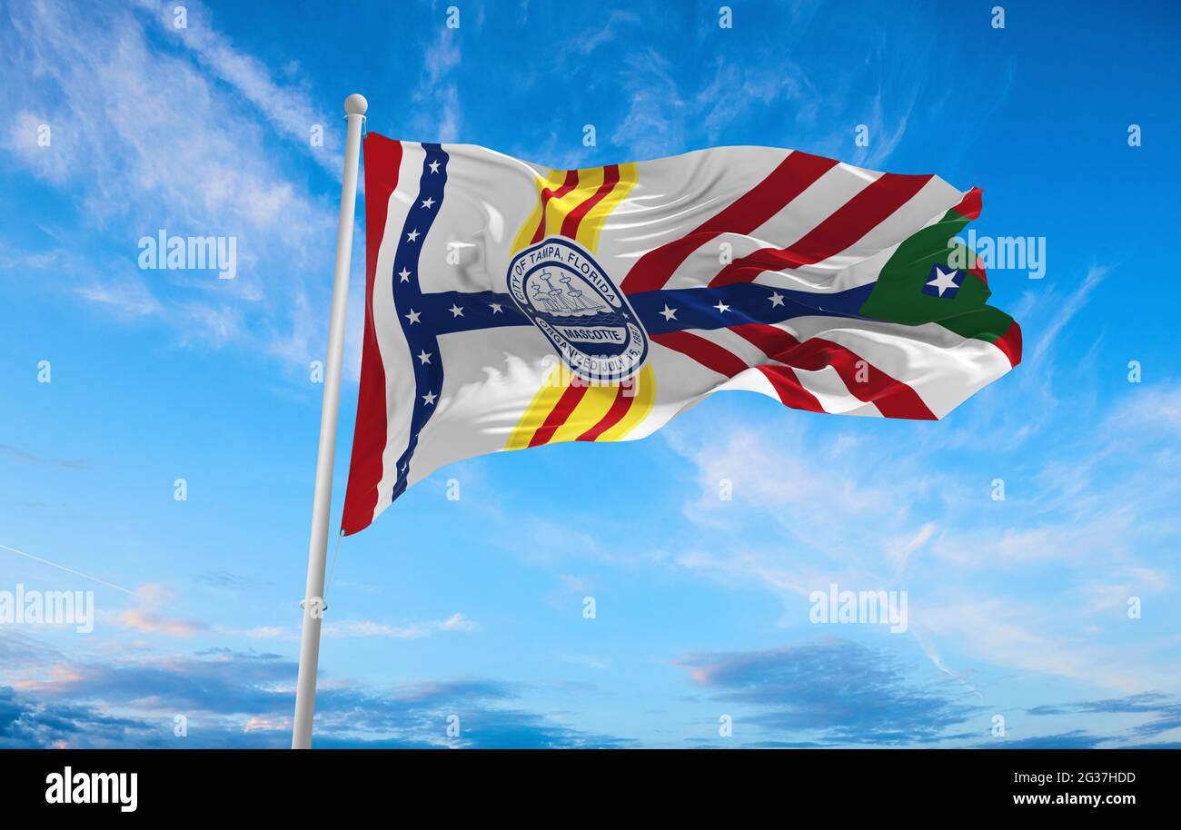 flag of Tampa, Florida at cloudy sky background on sunset, panoramic