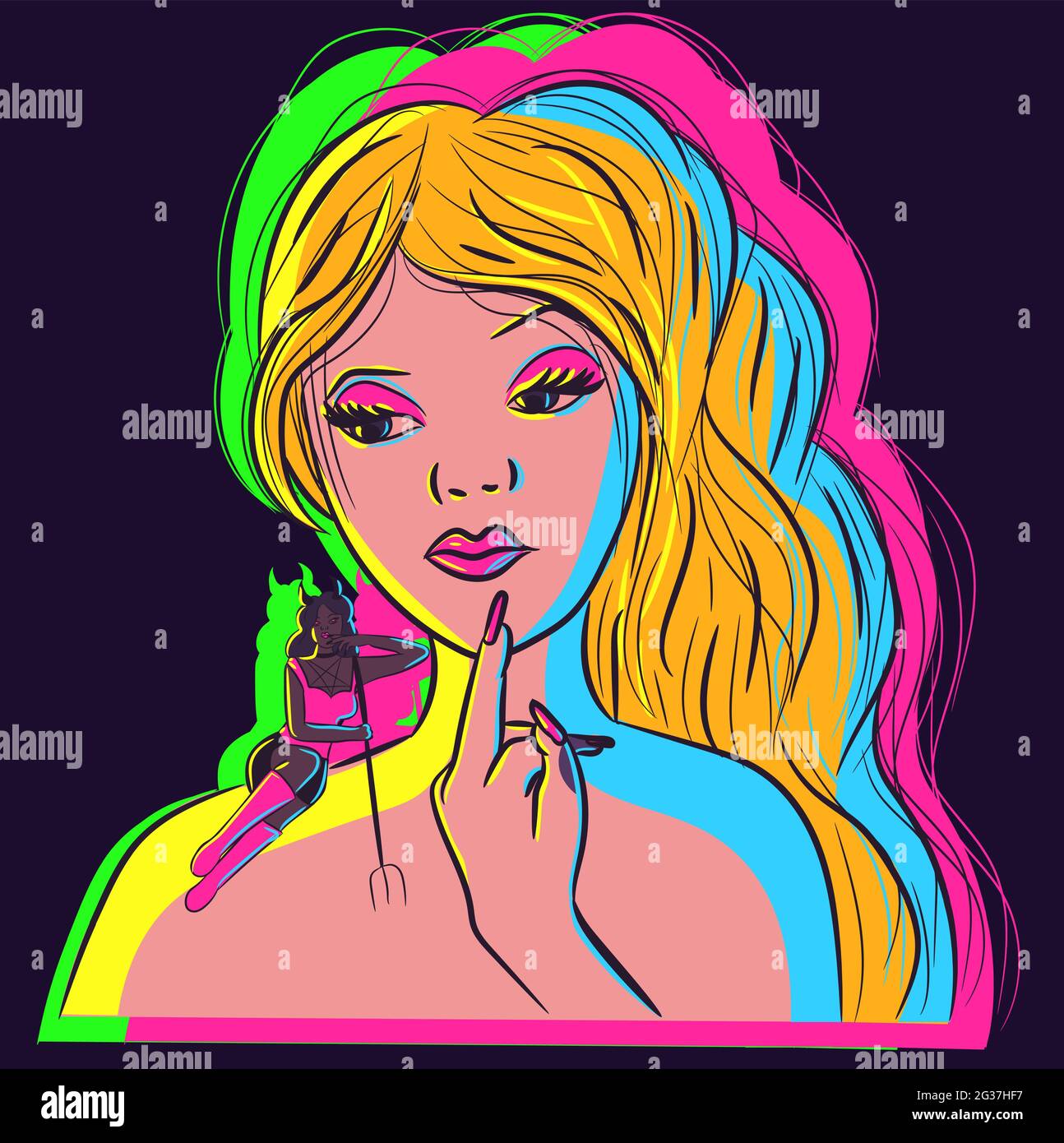 Young blonde woman under neon lights having a demon on her shoulder. Vector conceptual art of a young girl with pink makeup saying 'not today, satan'. Stock Vector