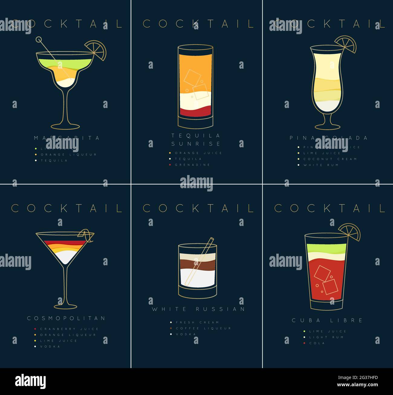 Set of flat cocktail posters margarita, tequila sunrise, pina colada, cosmopolitan, white russian, cuba libre drawing on dark blue background Stock Vector