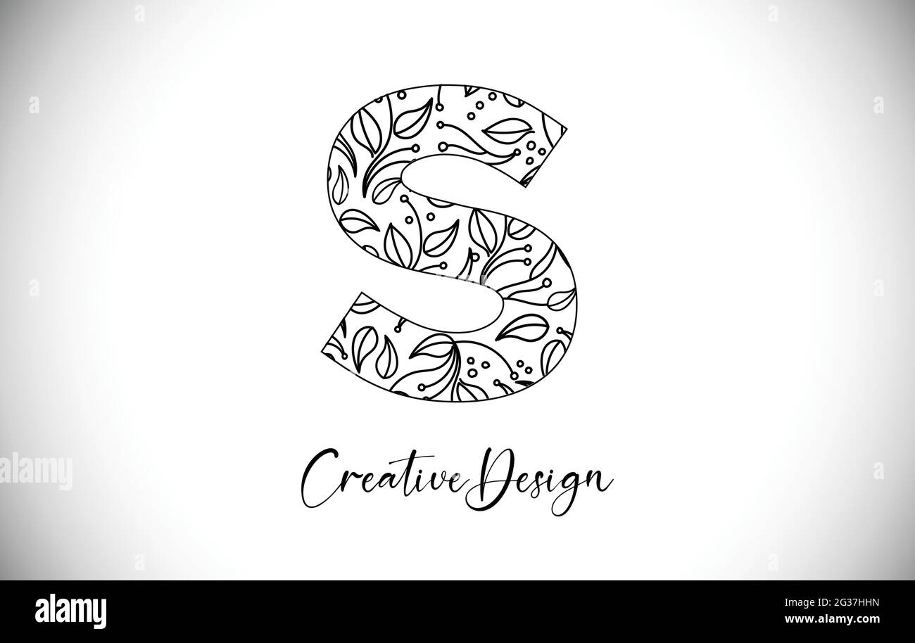 Elegant Letter S Logo made of Flowers with Leafs and Floral Pattern Texture in Monoline Creative Vector Illustration Design Logo Stock Vector