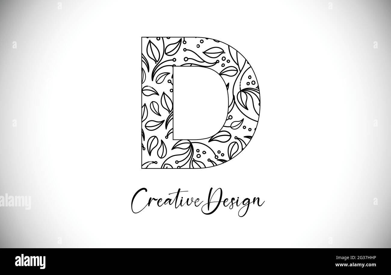 Elegant Letter D Logo made of Flowers with Leafs and Floral Pattern Texture in Monoline Creative Vector Illustration Design Logo Stock Vector