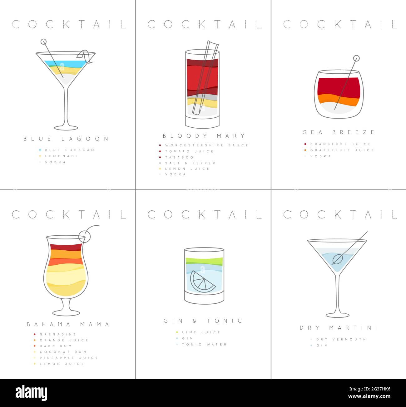 Set of flat cocktail posters blue lagoon, bloody mary, sea breese, gin and tonic, dry martini drawing on white background Stock Vector