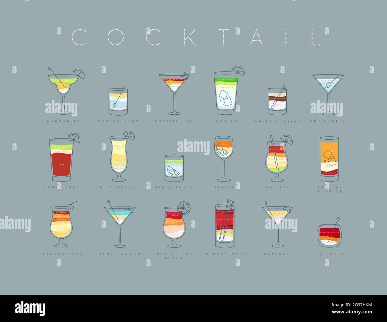 Poster flat cocktails menu with glass, recipes and names of cocktails drinks drawing horisontal on grayish blue background Stock Vector