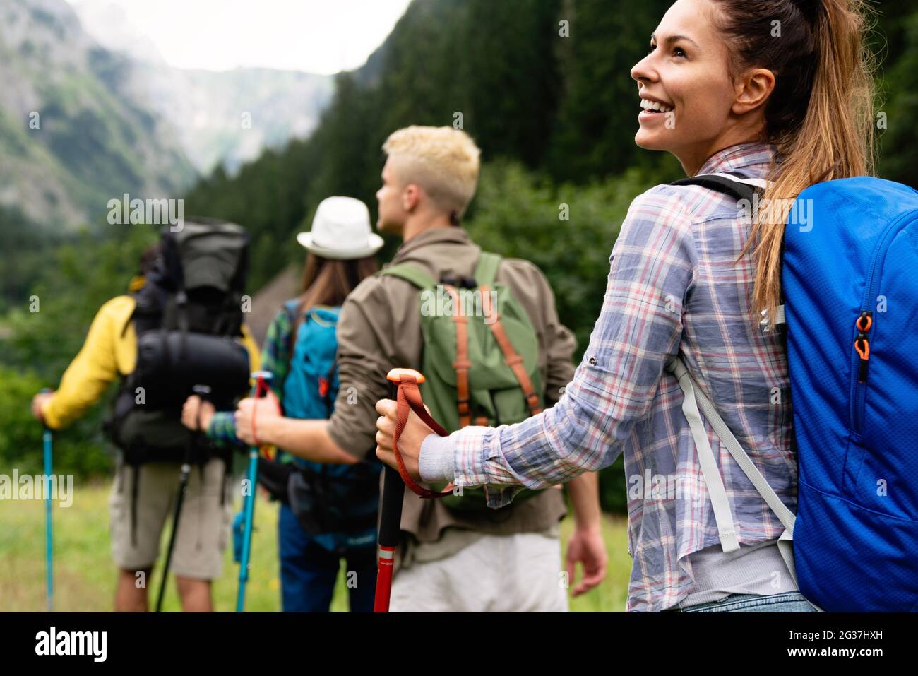 Group of friends with backpacks doing trekking excursion on mountain ...