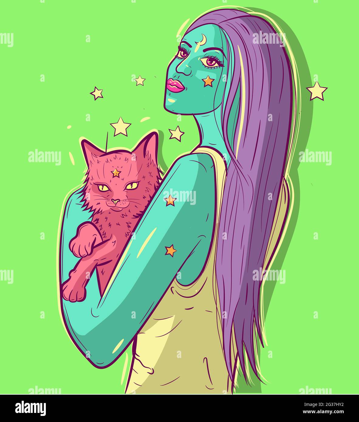 Alien funky woman with green skin holding a pink cat in her arms. Conceptual art of a young creature girl and her pet under neon light. Stock Vector