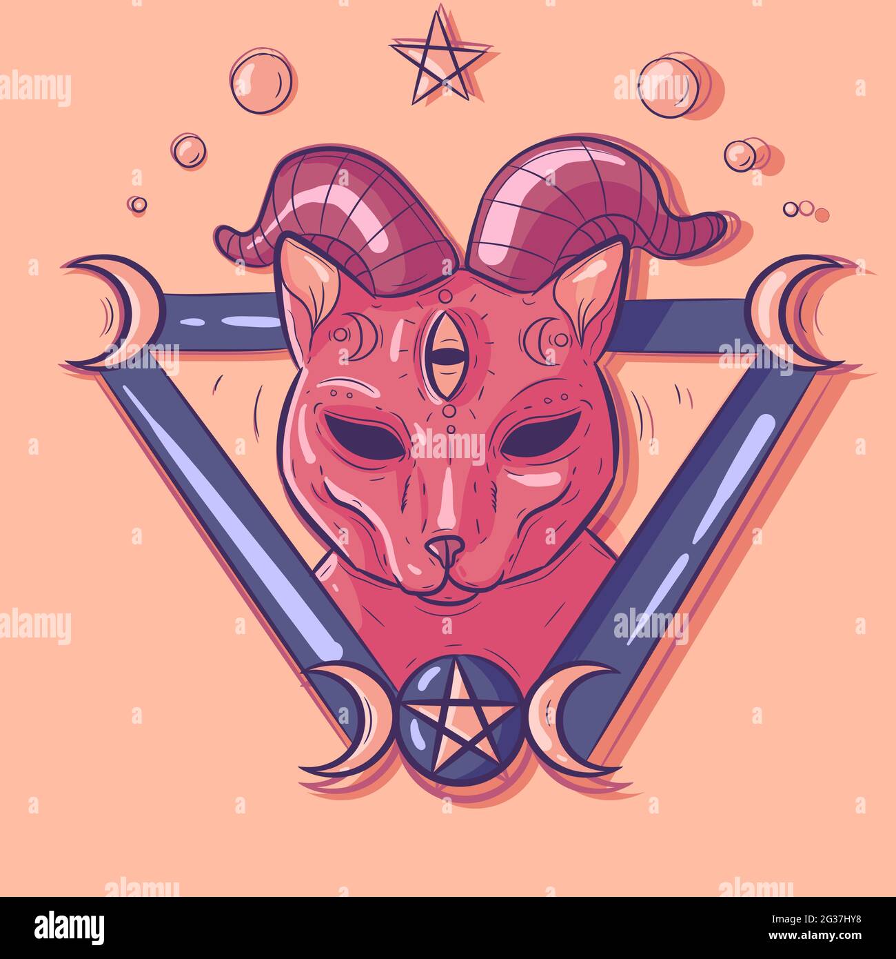 Satanic pink cat with demon horns and a third eye. Occult pet inside a triangle with moons, stars and pagan symbols around it. Wiccan esoteric kitty h Stock Vector