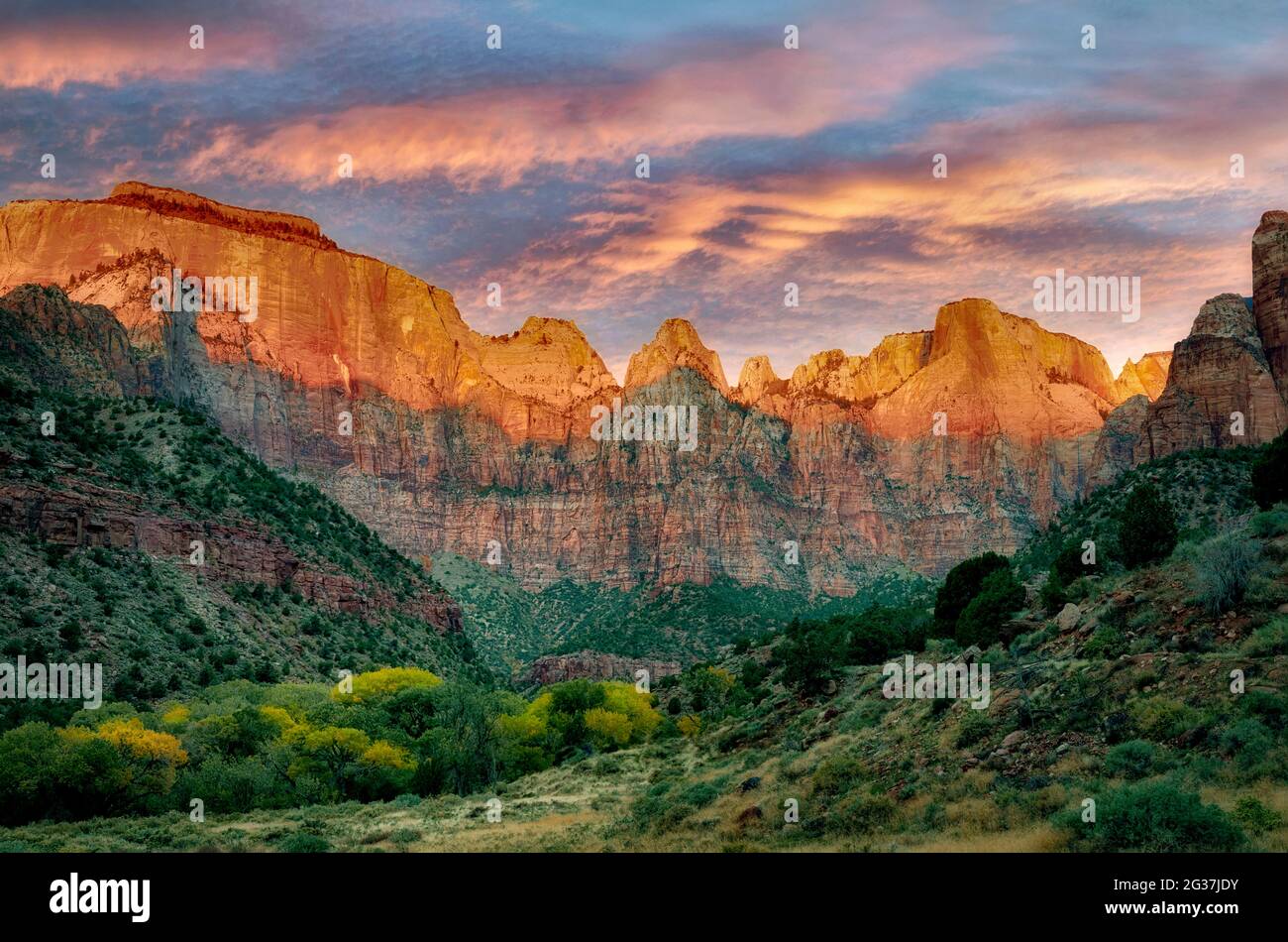 Temple and Towers of the Virgin. Zion National Park, Utah. A sky has