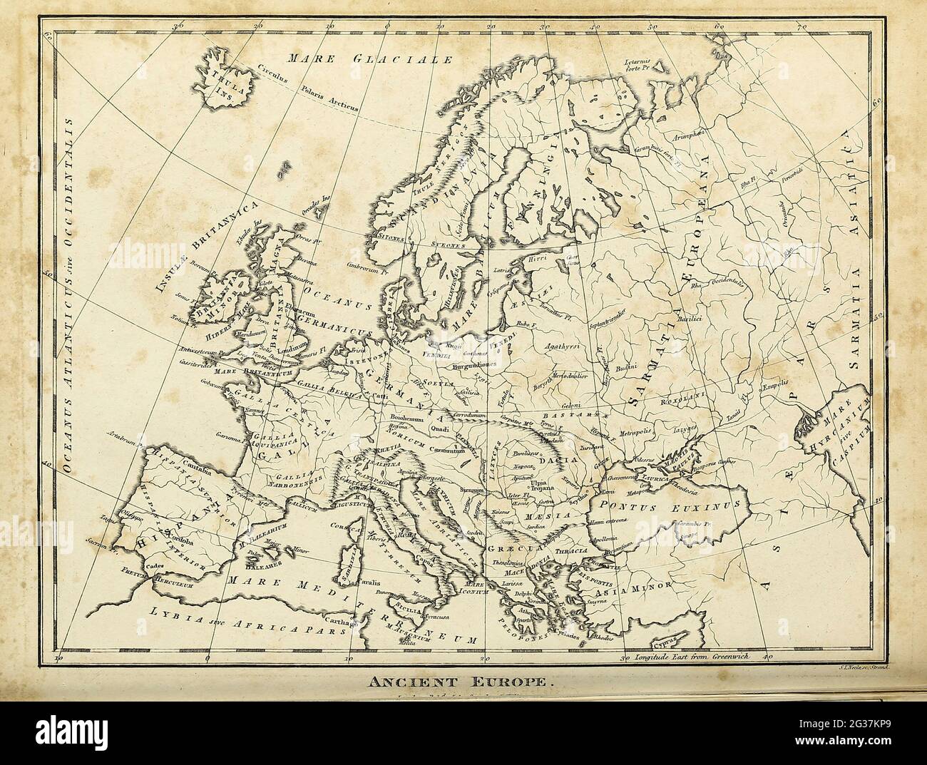 Map of Ancient Europe Copperplate engraving From the Encyclopaedia Londinensis or, Universal dictionary of arts, sciences, and literature; Volume VII;  Edited by Wilkes, John. Published in London in 1810 Stock Photo