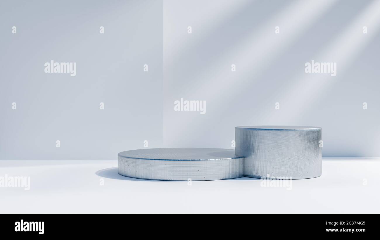 3d illustration pedestal,geometric step blue cylinder podium platform for cosmetic product presentation.Mock up design empty space. Abstract compositi Stock Photo