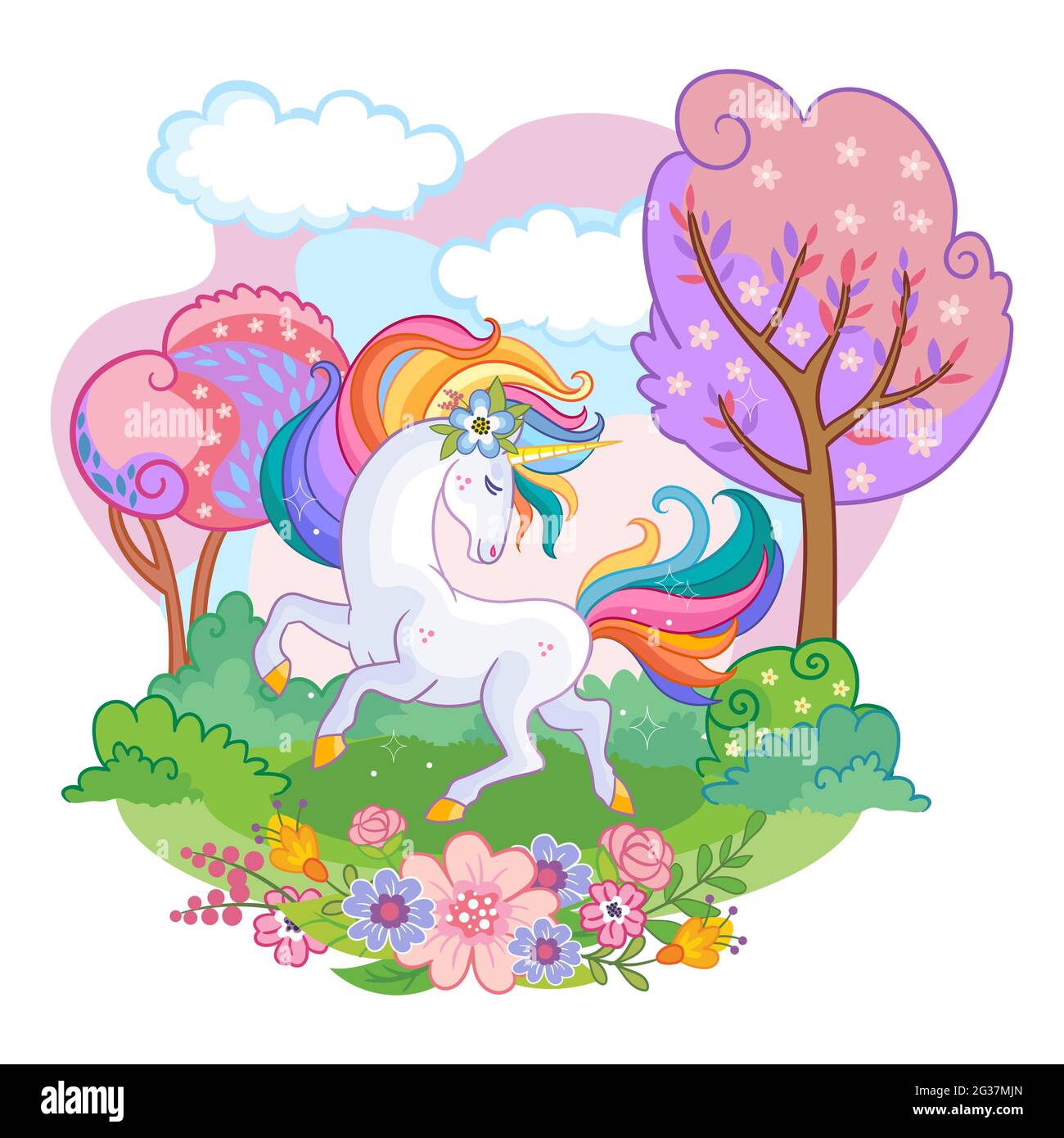 Beatiful unicorn with rainbow mane frolics in a magical forest. Cartoon character. Beatiful background vector illustration. For print, design, poster, Stock Vector