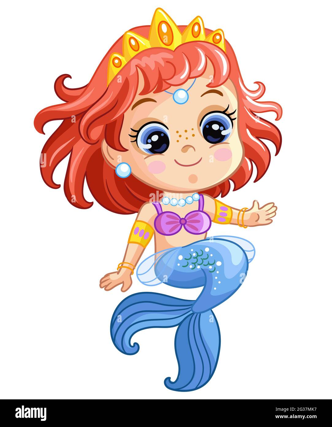 Cute little sitting princess mermaid with blue tail and crown. Cartoon  character. Vector isolated illustration on white background. For t-shirt,  print Stock Vector Image & Art - Alamy