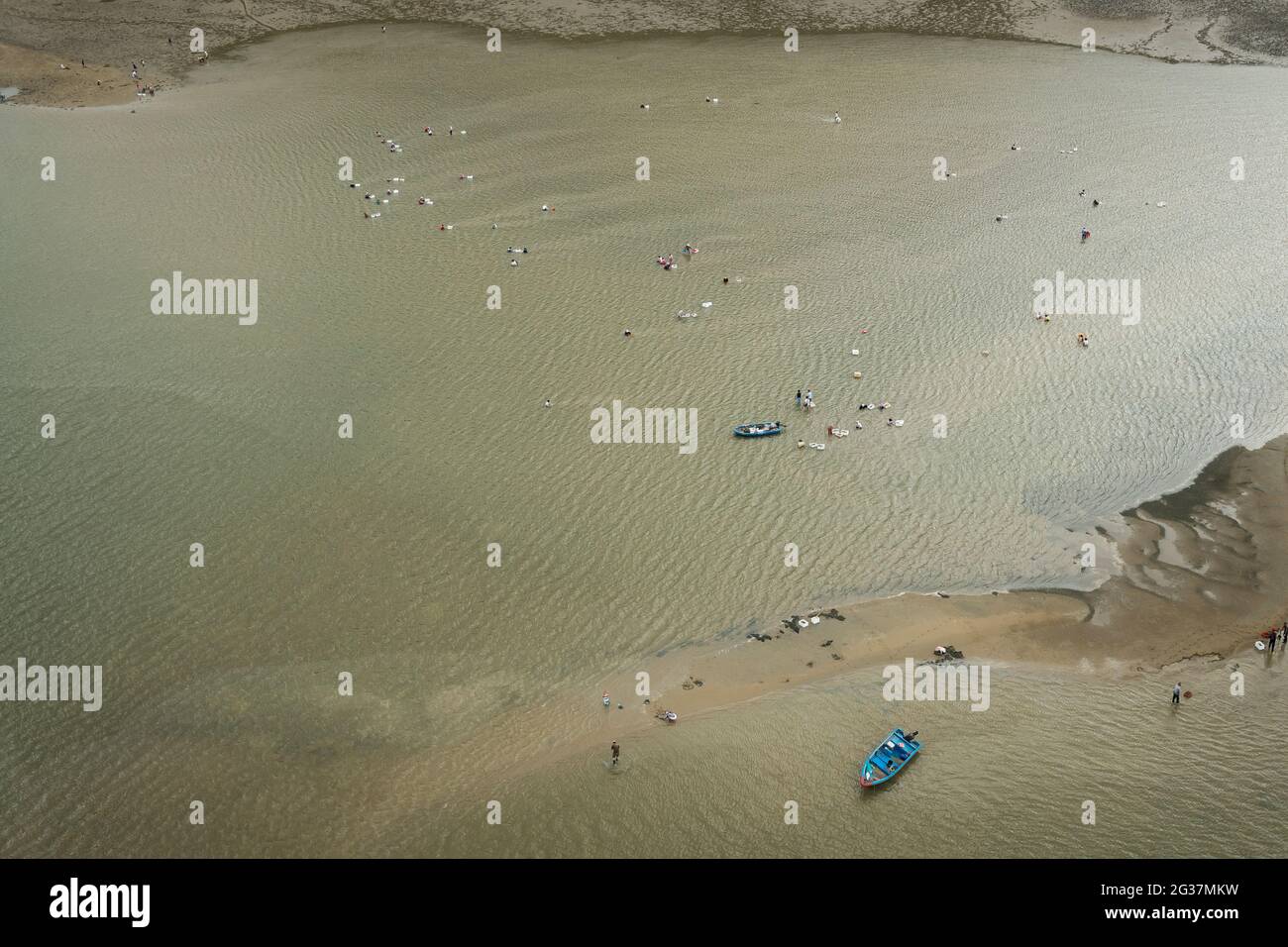 Local people dig for clams at low tide in Tung Chung Bay, Lantau Island, Hong Kong Stock Photo