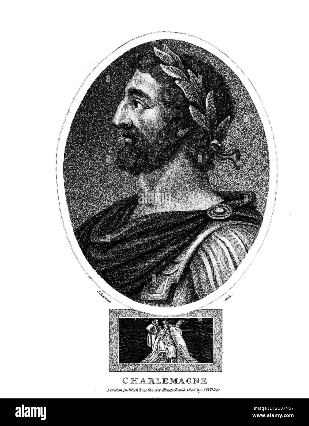Charlemagne (Charles the Great; 2 April 748 – 28 January 814), numbered Charles I, was King of the Franks from 768, King of the Lombards from 774, and Emperor of the Romans from 800. During the Early Middle Ages, he united the majority of western and central Europe. Copperplate engraving From the Encyclopaedia Londinensis or, Universal dictionary of arts, sciences, and literature; Volume VII;  Edited by Wilkes, John. Published in London in 1810 Stock Photo