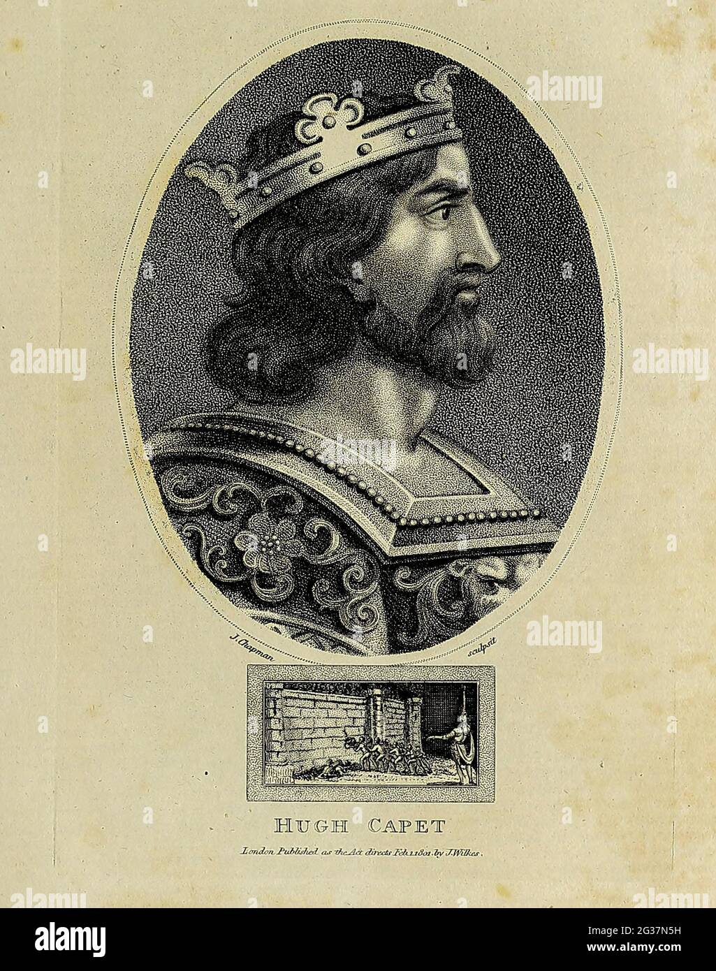 Hugh Capet (c. 939 – 14 October 996) was the King of the Franks from 987 to 996. He is the founder and first king from the House of Capet. The son of the powerful duke Hugh the Great and his wife Hedwige of Saxony, he was elected as the successor of the last Carolingian king, Louis V. Hugh was descended from Charlemagne's sons Louis the Pious and Pepin of Italy through his mother and paternal grandmother, respectively, and was also a nephew of Otto the Great. Copperplate engraving From the Encyclopaedia Londinensis or, Universal dictionary of arts, sciences, and literature; Volume VII;  Edited Stock Photo