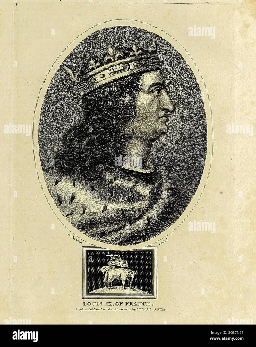 Louis IX of France Louis IX (25 April 1214 – 25 August 1270), commonly known as Saint Louis or Louis the Saint, was king of France from 1226 to 1270. Louis was crowned in Reims at the age of 12, following the death of his father Louis VIII; Louis IX led the Seventh and Eighth crusades against the Ayyubids, Bahriyya Mamluks and Hafsid Kingdom. He was captured in the first and ransomed, and he died from dysentery during the latter. He was succeeded by his son Philip III. Copperplate engraving From the Encyclopaedia Londinensis or, Universal dictionary of arts, sciences, and literature; Volume VI Stock Photo