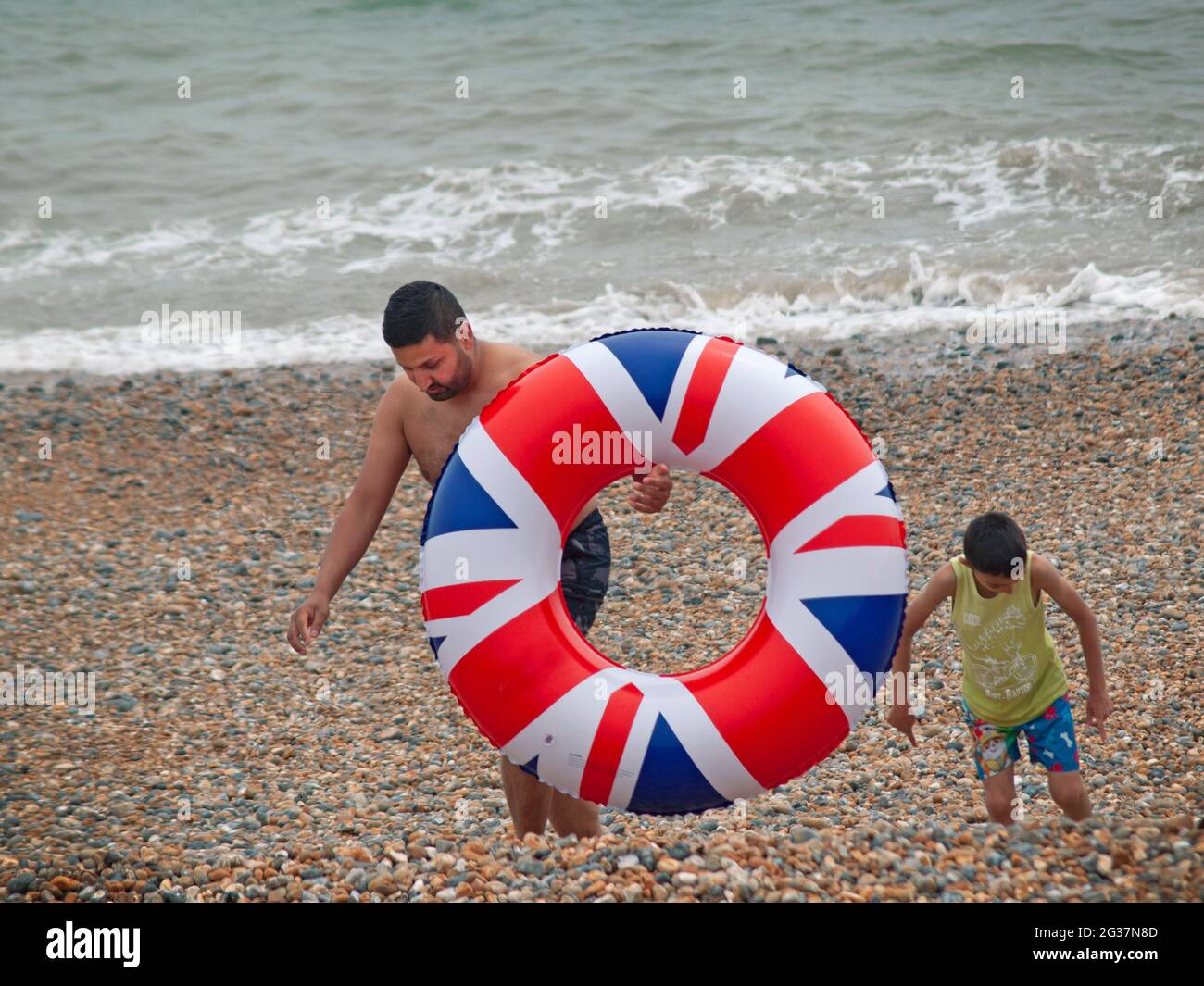 A patriotic inflatable on the beach at Brighton Stock Photo