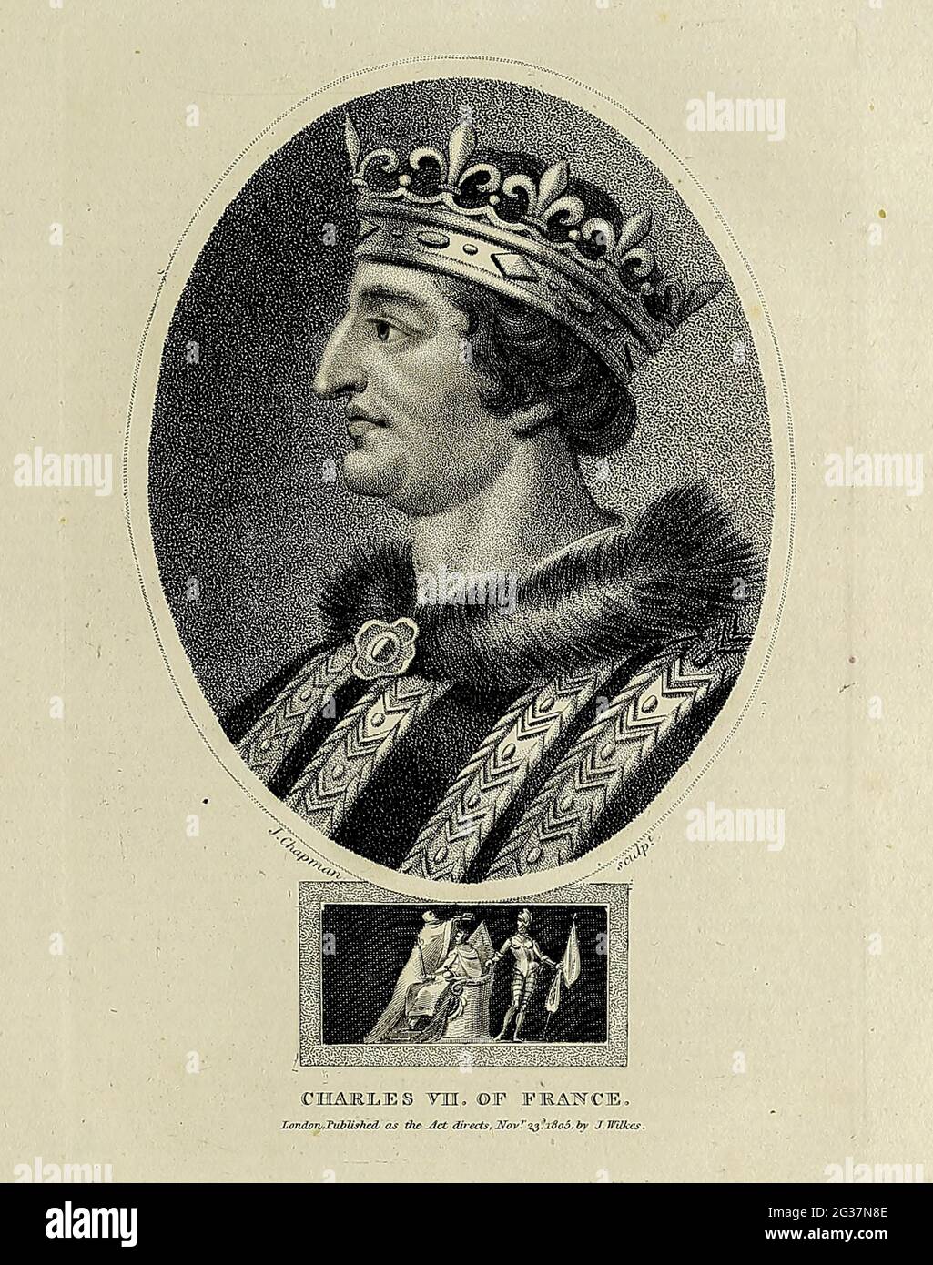 Charles VII of France (22 February 1403 – 22 July 1461), called the Victorious (French: le Victorieux) or the Well-Served (French: le Bien-Servi), was King of France from 1422 to his death in 1461. Copperplate engraving From the Encyclopaedia Londinensis or, Universal dictionary of arts, sciences, and literature; Volume VII;  Edited by Wilkes, John. Published in London in 1810 Stock Photo