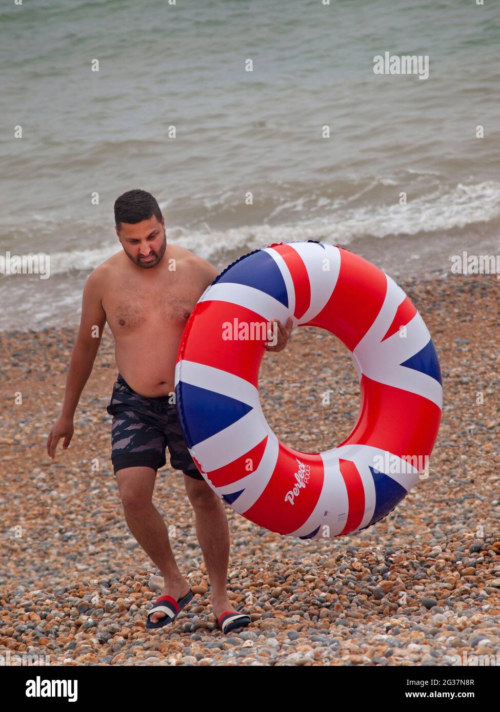 A patriotic inflatable on the beach at Brighton Stock Photo