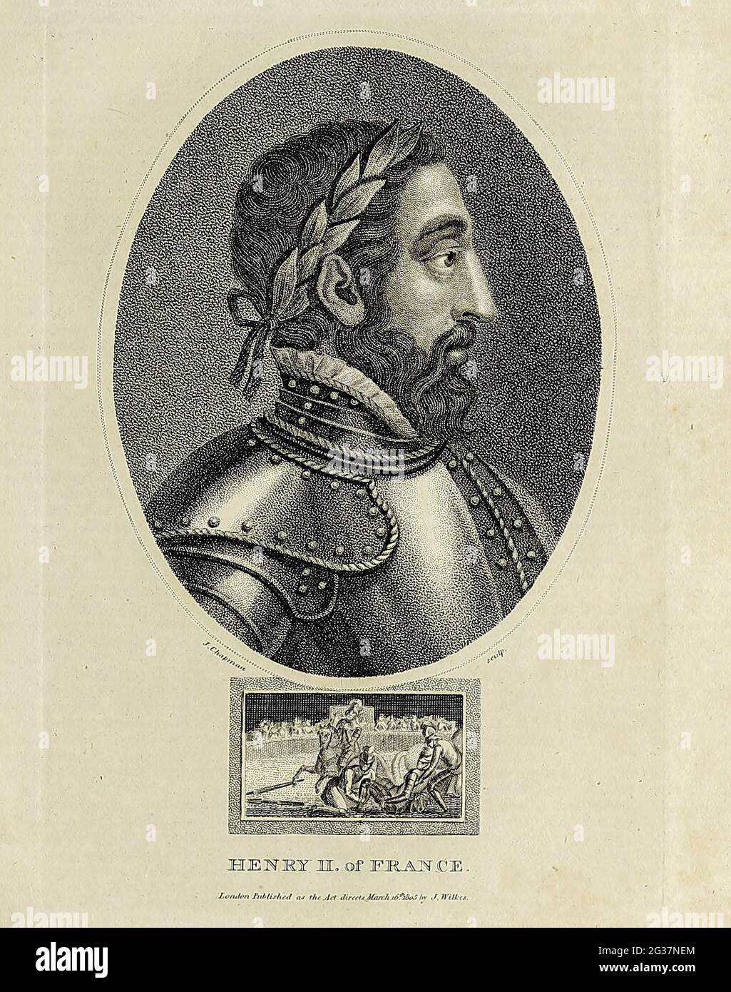 Henry II of France Henry II (French: Henri II; 31 March 1519 – 10 July 1559) was King of France from 31 March 1547 until his death in 1559. The second son of Francis I, he became Dauphin of France upon the death of his elder brother Francis III, Duke of Brittany, in 1536.  Copperplate engraving From the Encyclopaedia Londinensis or, Universal dictionary of arts, sciences, and literature; Volume VII;  Edited by Wilkes, John. Published in London in 1810 Stock Photo