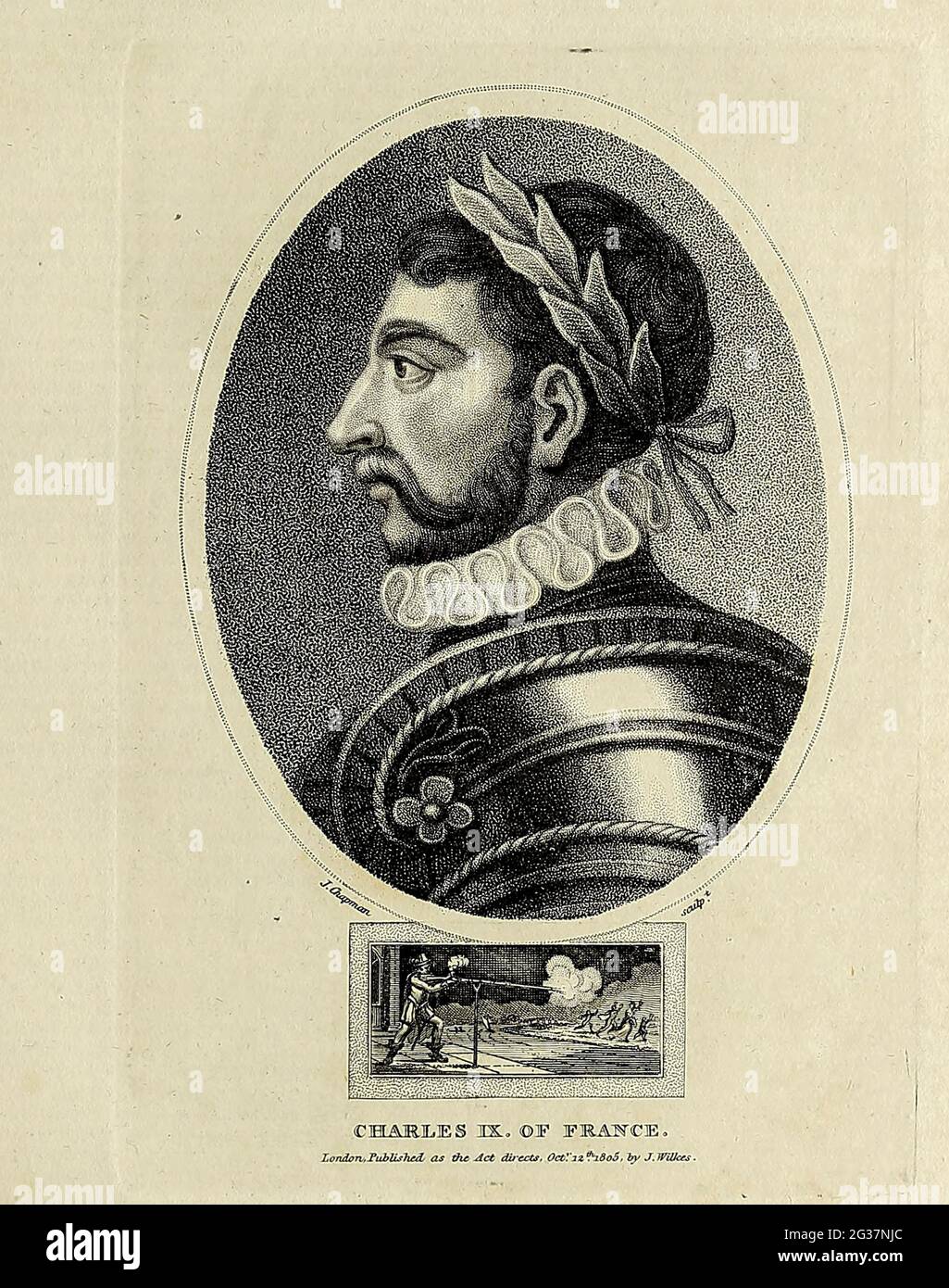 Charles IX (Charles Maximilien; 27 June 1550 – 30 May 1574) was King of France from 1560 until his death in 1574 from tuberculosis. He ascended the throne of France upon the death of his brother Francis II in 1560.  Copperplate engraving From the Encyclopaedia Londinensis or, Universal dictionary of arts, sciences, and literature; Volume VII;  Edited by Wilkes, John. Published in London in 1810 Stock Photo