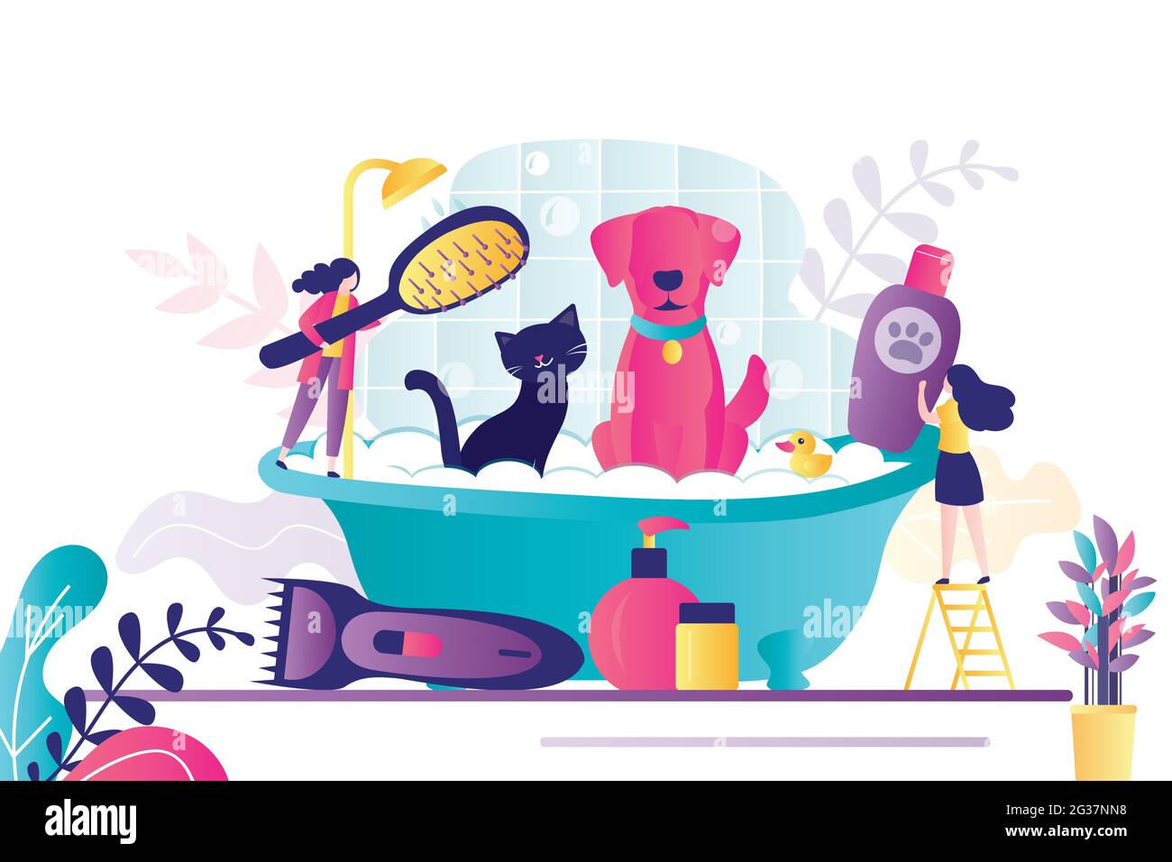 Women workers bathe, wash and clean pets. Professional groomer with brush and shampoo bottle. Various accessories for animal hair care. Pet grooming s Stock Vector