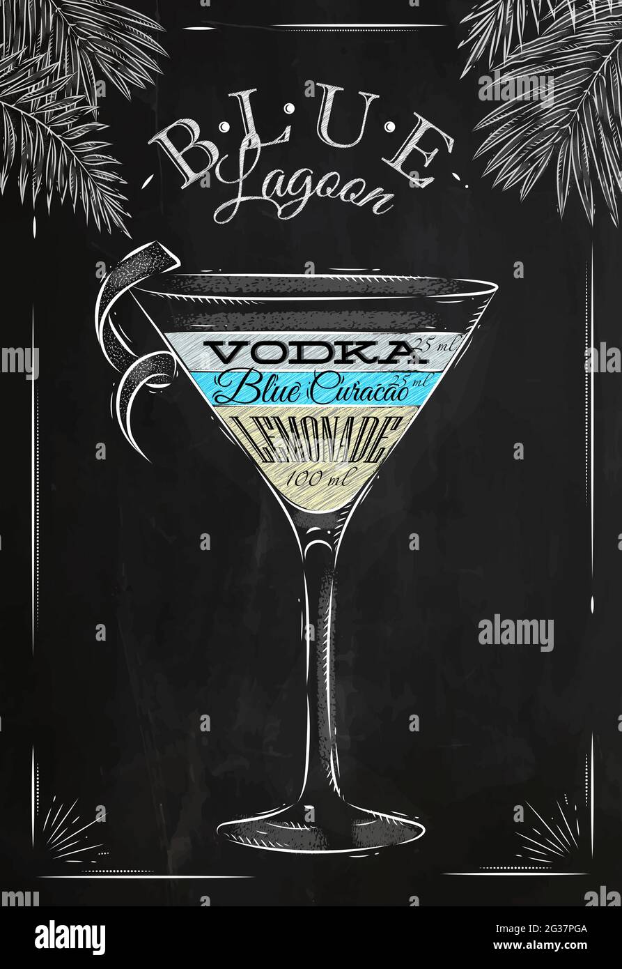 Blue lagoon cocktail in vintage style stylized drawing with chalk on