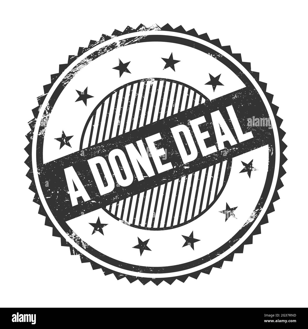 A DONE DEAL text written on black grungy zig zag borders round stamp. Stock Photo