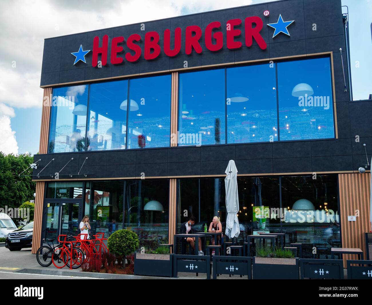 Hesburger restaurant in the village of Shchaslyve on the highway Kiev - Boryspil international airport. The Finnish restaurant chain Hesburger is actively developing in the capital region of Ukraine. Of the five hundred restaurants of this chain, seven operate in Kiev and the region. Stock Photo