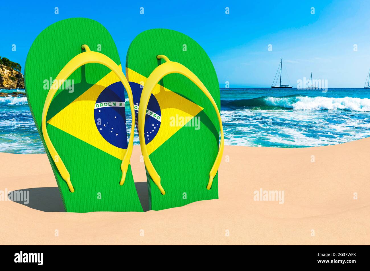 Flip flops with Brazilian flag on the beach. Brazil resorts, vacation