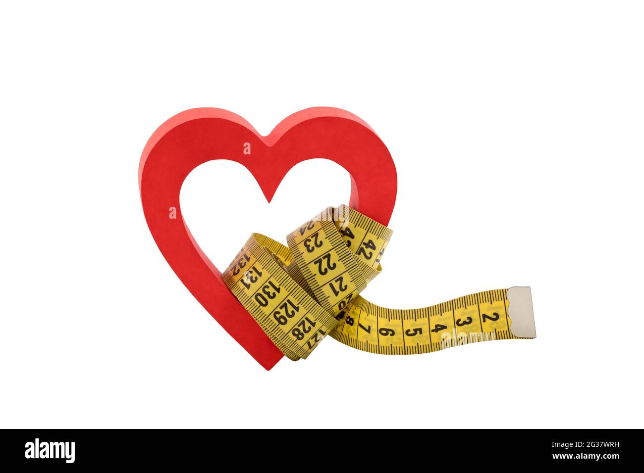 Red heart with yellow tailor measuring tape isolated on white background with clipping path Stock Photo
