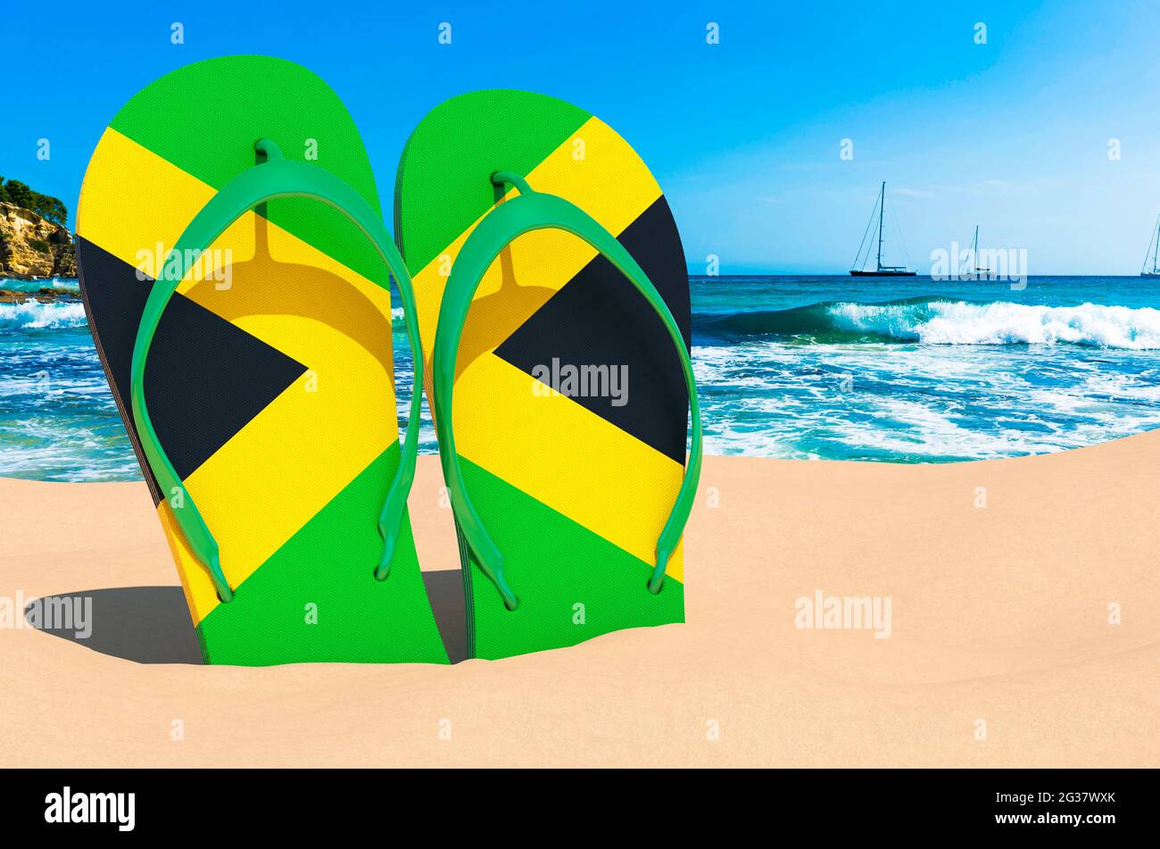 Flip flops with Jamaican flag on the beach. Jamaica resorts, vacation, tours, travel packages concept. 3D rendering Stock Photo