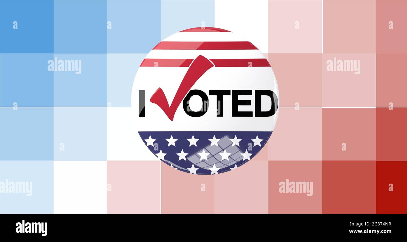 Composition of i voted text on american flag badge on pixelated Composition of i voted text on american flag badge on pixelated