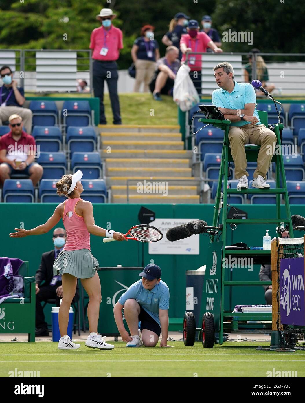 Viktorija Golubic in discussion with the umpire in her match against Heather Watson during day one of the Viking Classic at the Edgbaston Priory Club, Birmingham. Picture date: Monday June 14, 2021. Stock Photo