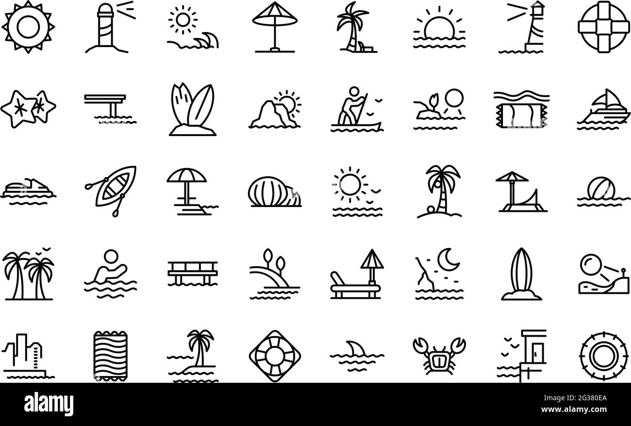 Seaside icons set. Outline set of seaside vector icons for web design ...