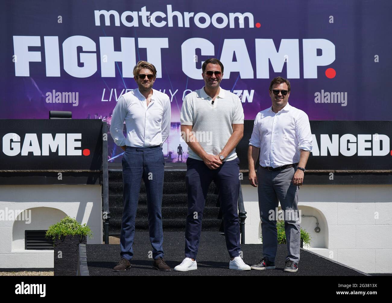L-R) Joseph Markowski, Executive Vice President at DAZN; Chairman of Matchroom Sport Eddie Hearn, and James Rushton, Co-Chief Executive Officer at DAZN Group, during the Fight Camp Launch at Mascalls, Brentwood, London.