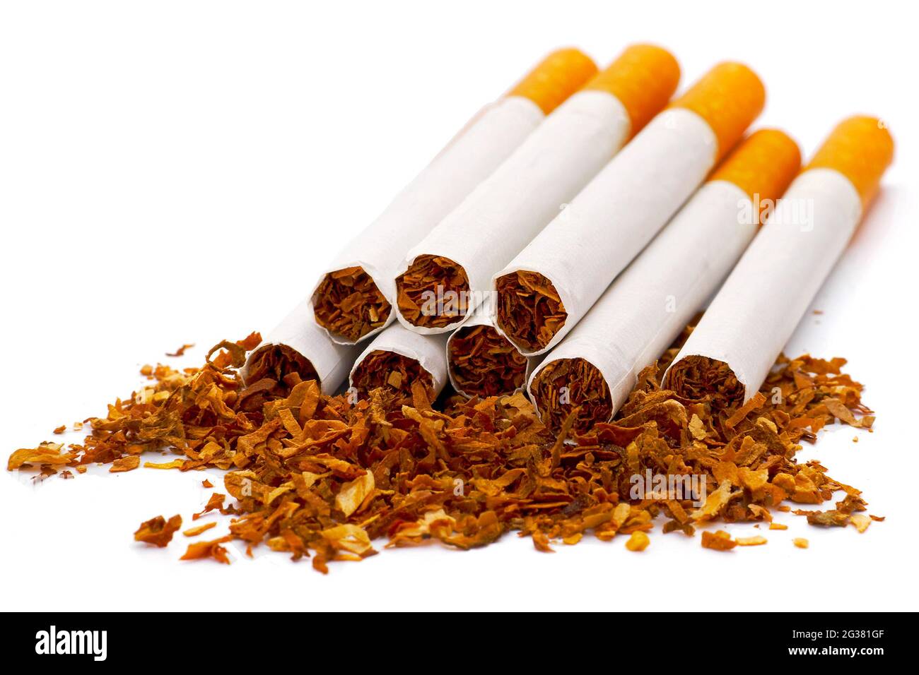 closeup of cigarettes on tobacco crumbs isolated on white background Stock  Photo