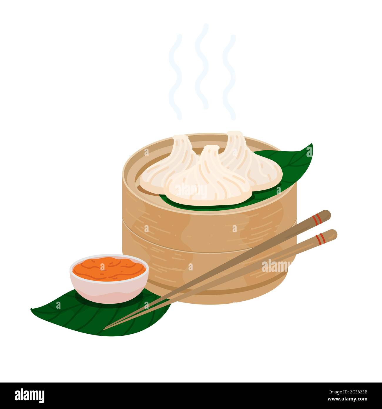Steamed momo dumplings with red chile sauce in a wooden basket. Vector tibetan momos cuisine. Indian, Chinese, Bhutan, Nepal traditional food. Veg mom Stock Vector
