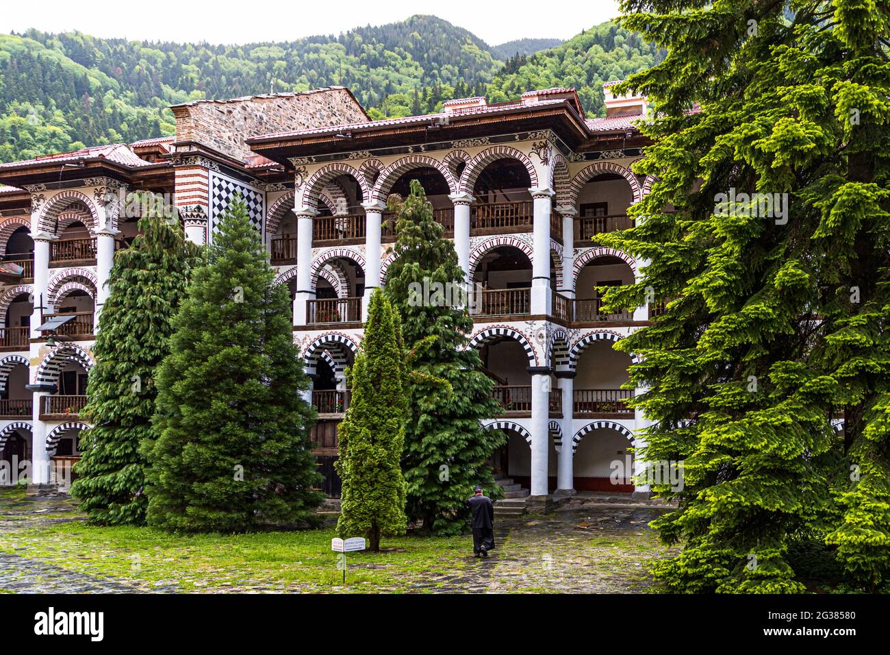 The Monastery of Saint Ivan of Rila, better known as the Rila Monastery (Bulgarian: Рилски манастир, Rilski manastir) is the largest and most famous Eastern Orthodox monastery in Bulgaria.It belongs to the UNESCO World Heritage. Stock Photo