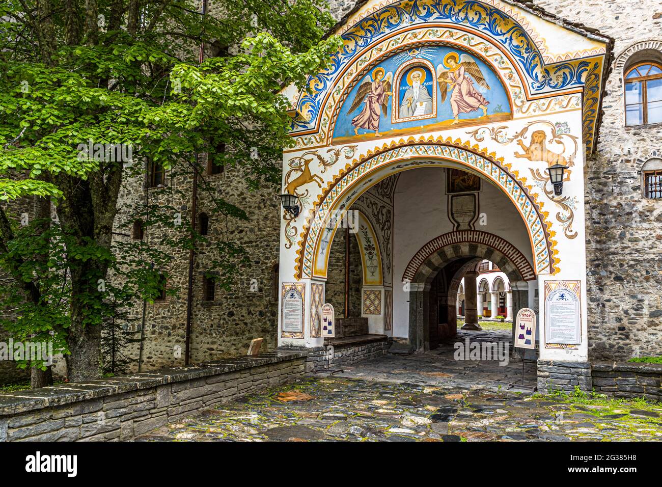 The Monastery of Saint Ivan of Rila, better known as the Rila Monastery (Bulgarian: Рилски манастир, Rilski manastir) is the largest and most famous Eastern Orthodox monastery in Bulgaria.It belongs to the UNESCO World Heritage. Stock Photo