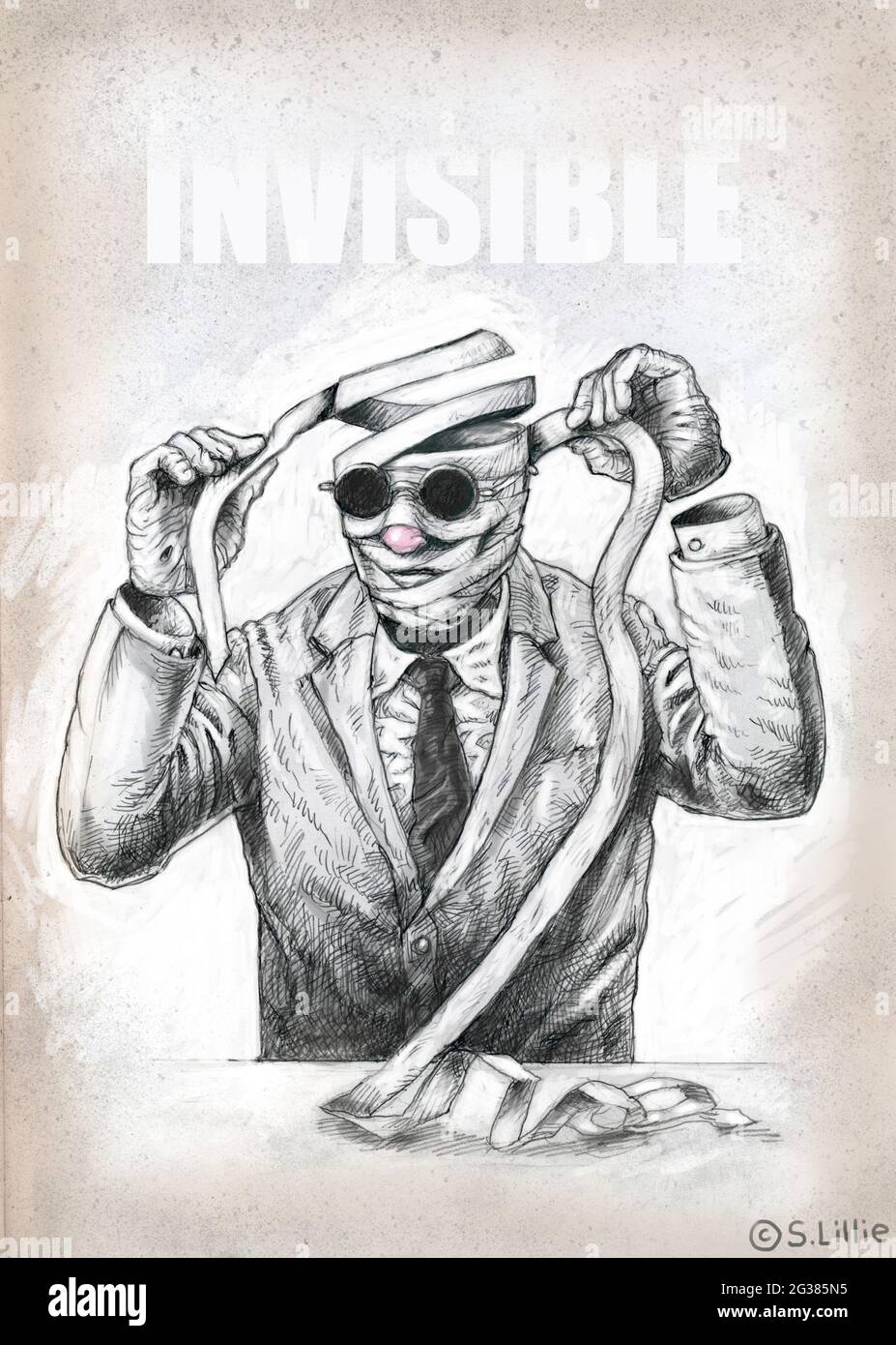 Art illustration book cover of HG Wells horror, science fiction book, The Invisible Man, showing a man unwrapping bandages, his fake pink nose visible Stock Photo