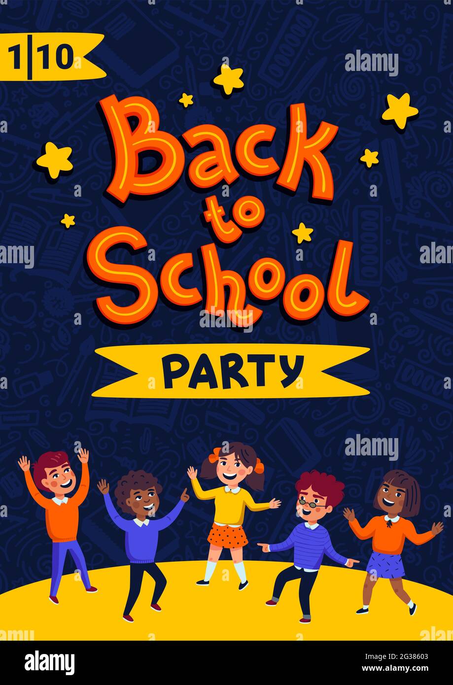 Back to school party poster. School dance party flyer. Flat style