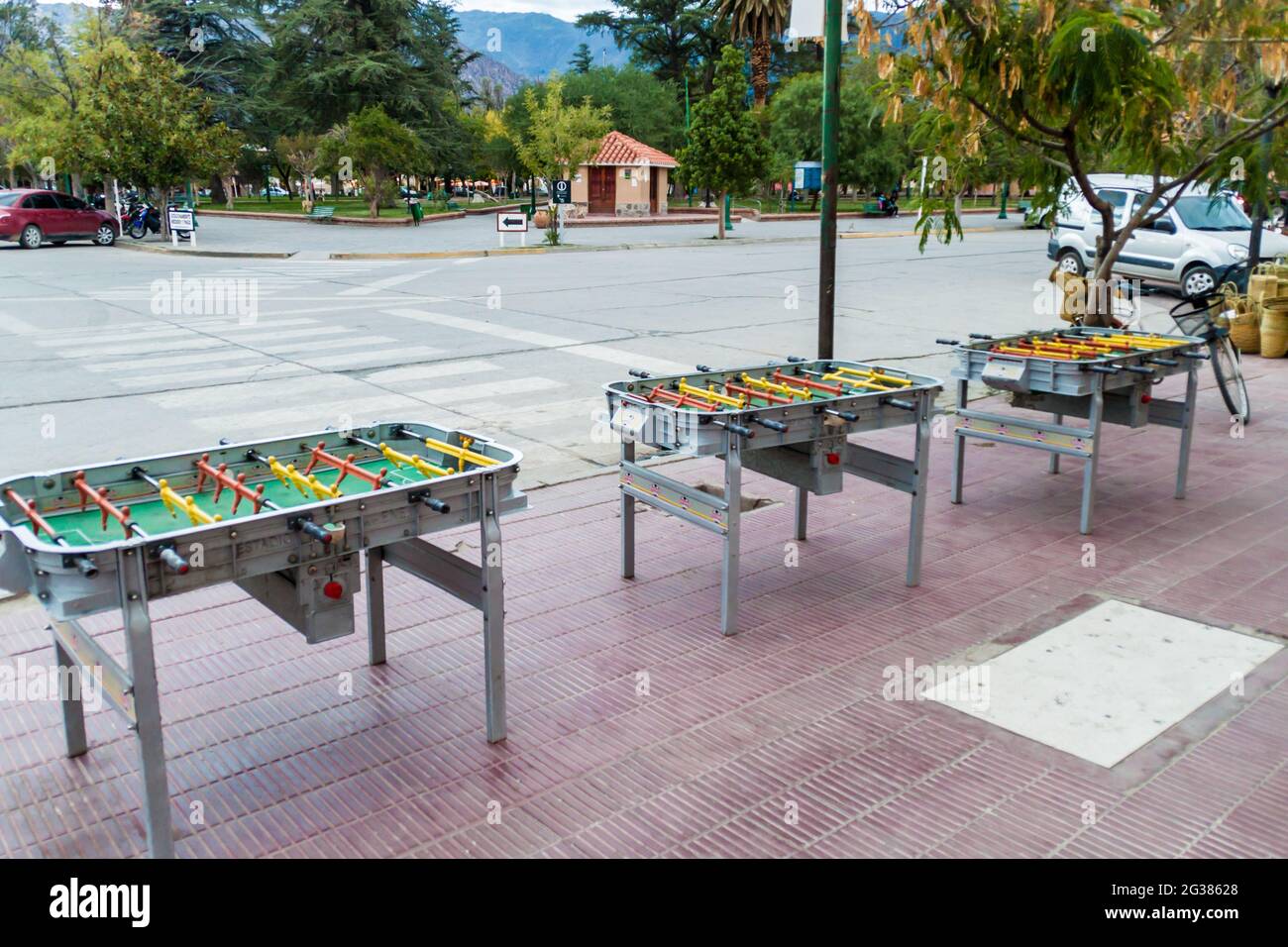 CAFAYATE, ARGENTINA - APRIL 5, 2015: Foosball tables on Plaza 20 de Febrero square in Cafayate, Argentina Stock Photo