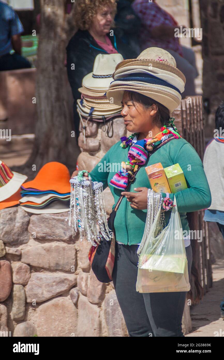 HUMAHUACA, ARGENTINA - APRIL 12, 2015: Local souvenir seller in Humahuaca village, Argentina Stock Photo