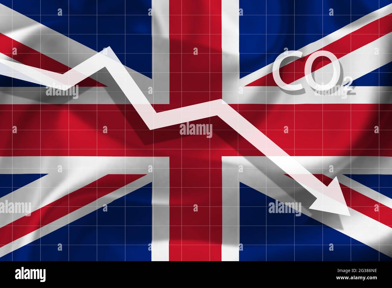 Graph of decline level of air pollution with carbon dioxide  in United Kingdom.  Ecological concept. Stock Photo